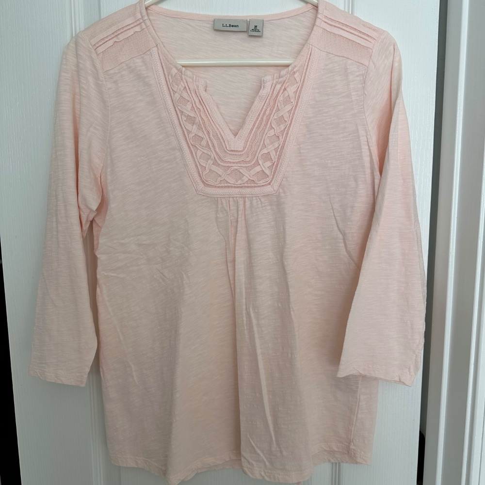 LLBean Pinky Peach Soft All Cotton V Neck Placket 3/4 Sleeves Top Medium
